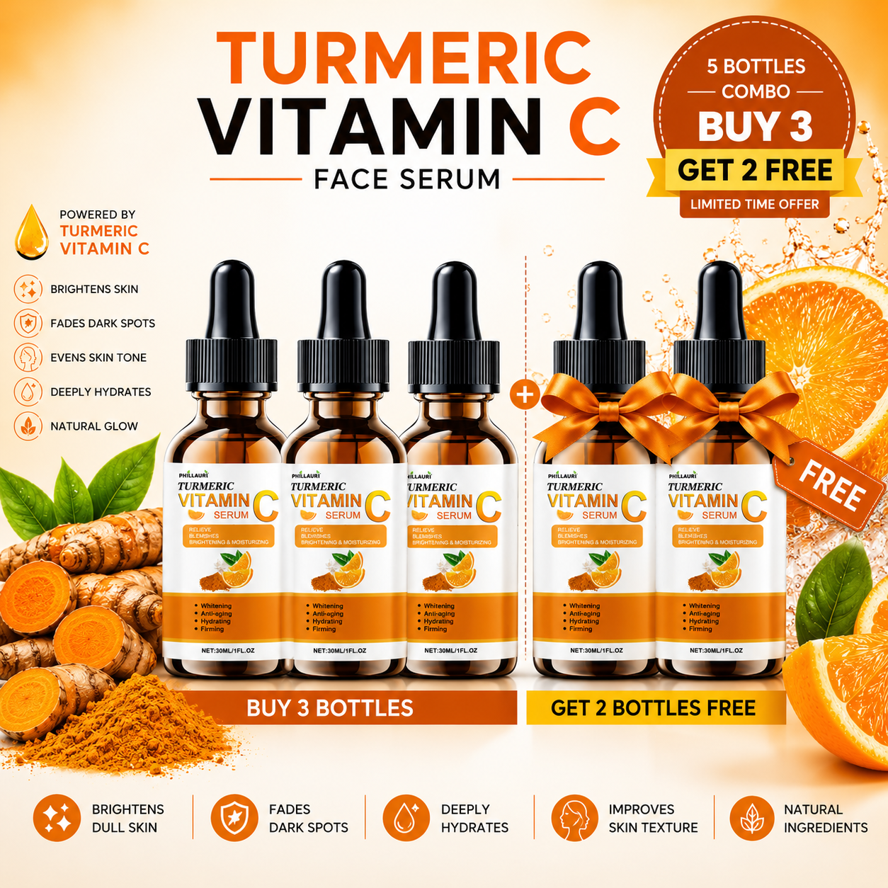 Phillauri Vitamin C Face Serum Combo Pack (Buy 3 Get 2 Free) | 30ml × 5